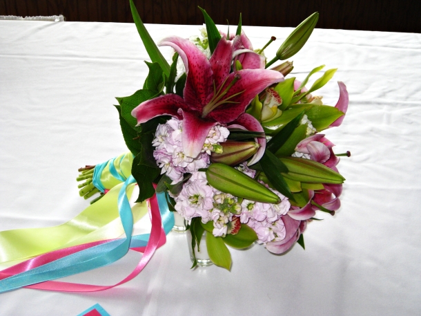 Bridesmaid bouquets of pink stargazer lilies and white stock Bridal bouquet